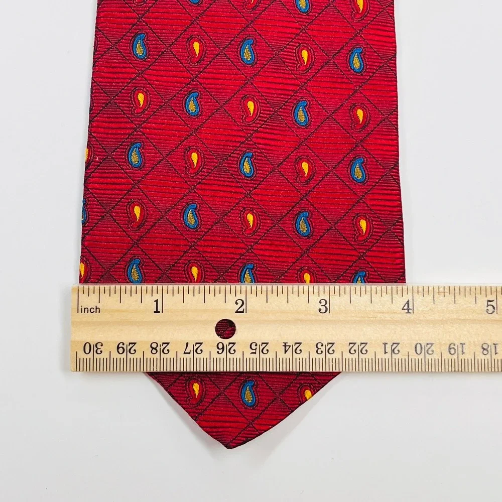 Harold Powell Silk Necktie‎ Mens OS Red Paisley Diamond Handmade Italy Wide Tie
